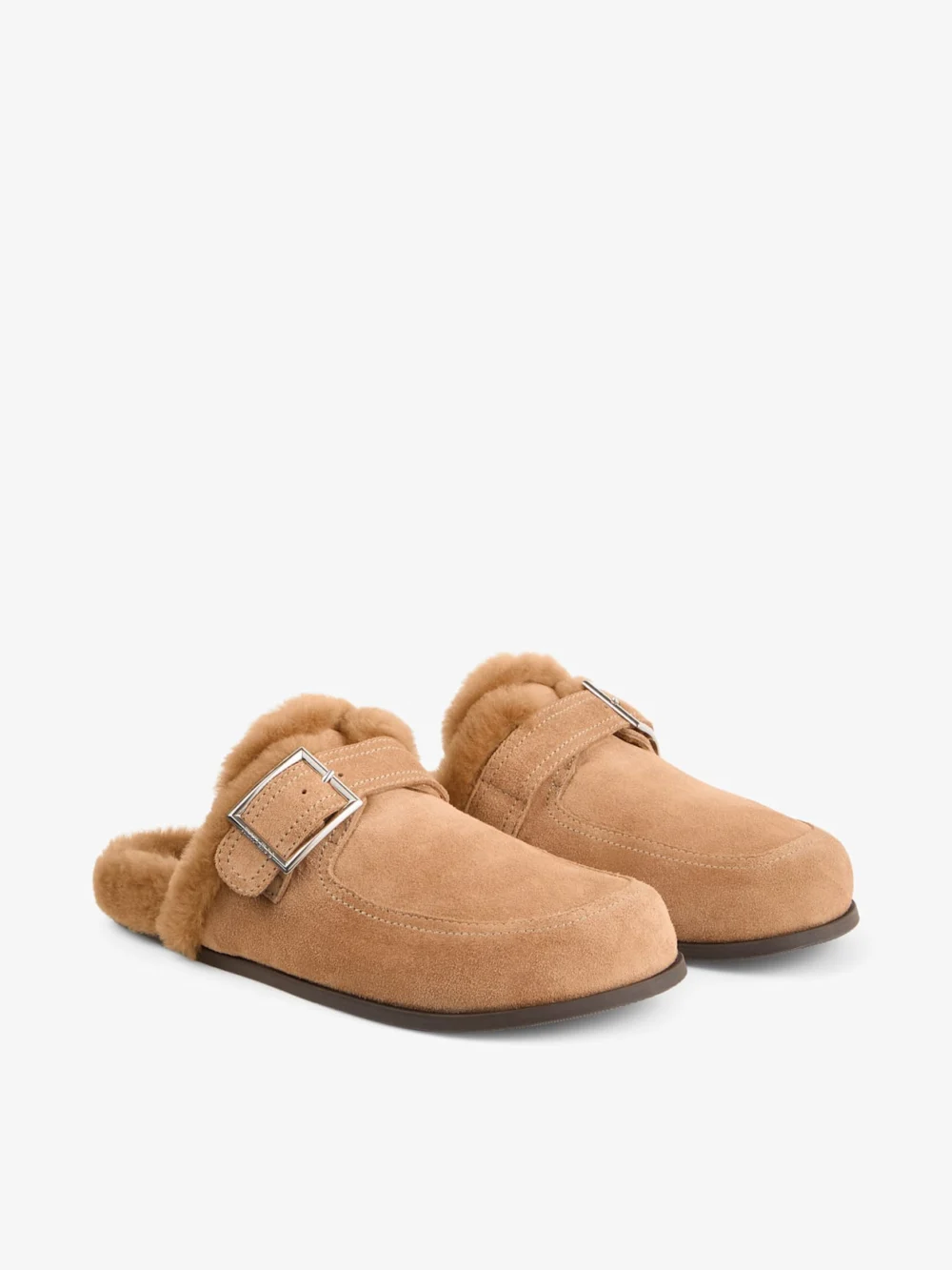 Close-up detail of the Jimmy Choo Biker Mule F Toffee and Teddy Velvet Suede Biker Mules with Shearling