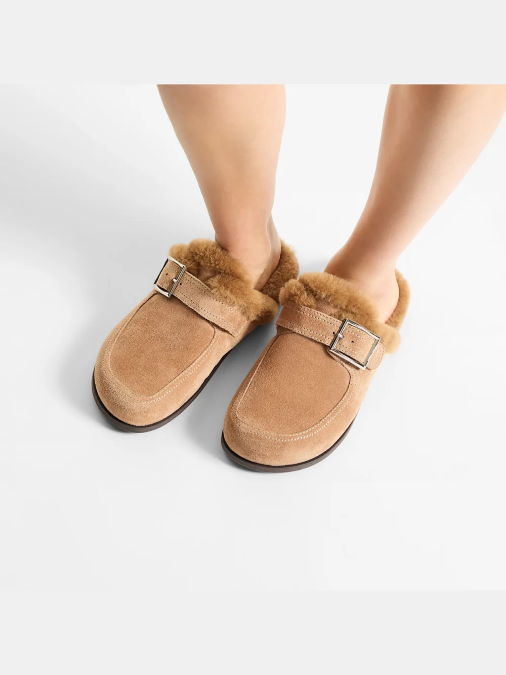 Side view of the Jimmy Choo Biker Mule F Toffee and Teddy Velvet Suede Biker Mules with Shearling