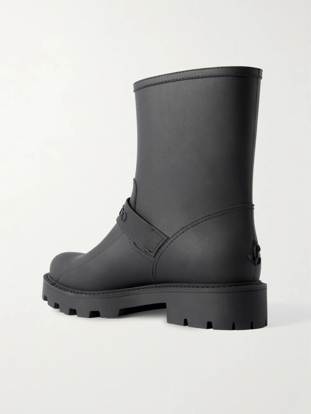 Back view of the Jimmy Choo Biker Rain 40 Buckled Rubber Ankle Boots