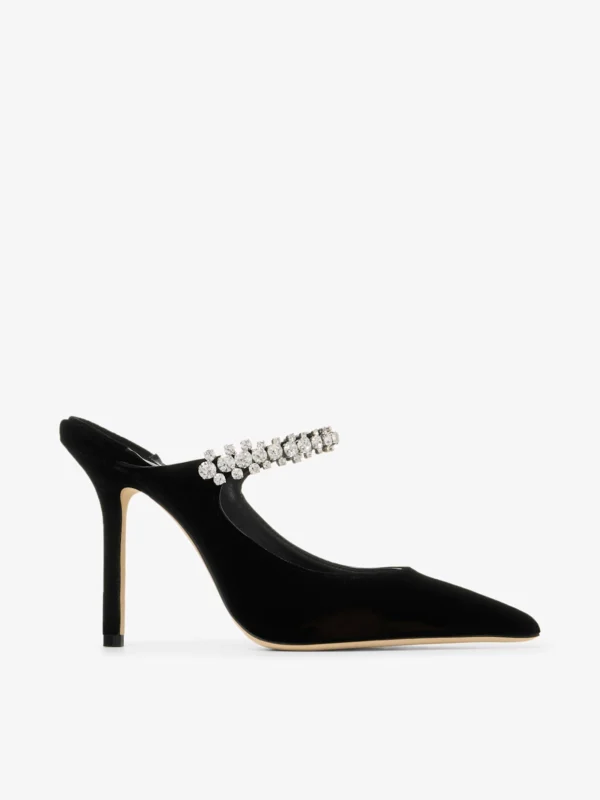 Jimmy Choo Bing 100 Nero Velvet Mules with Crystal Embellishment