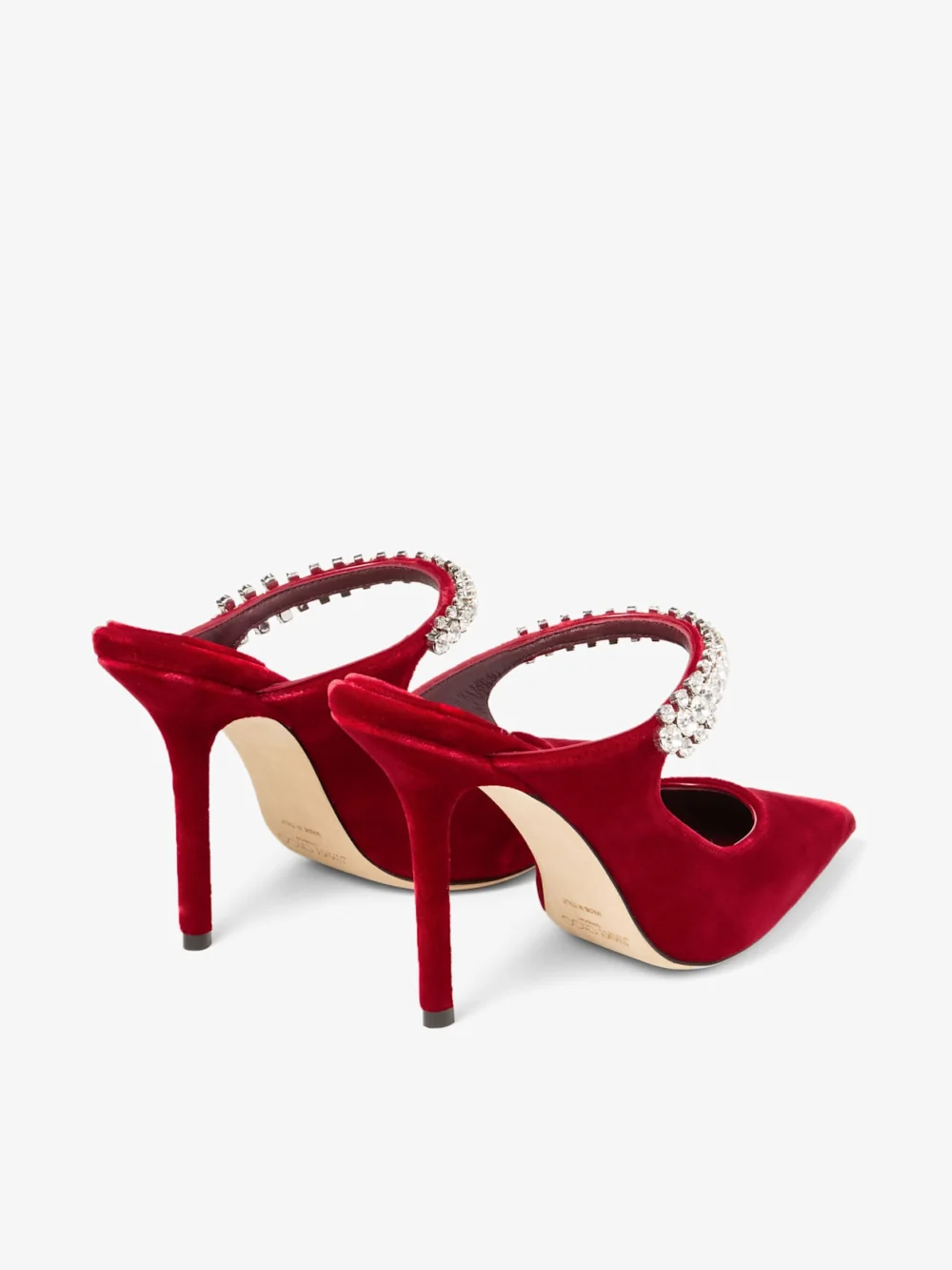 Jimmy Choo Bing 100 Ruby Red Velvet Mules with Crystal Embellishment, another view