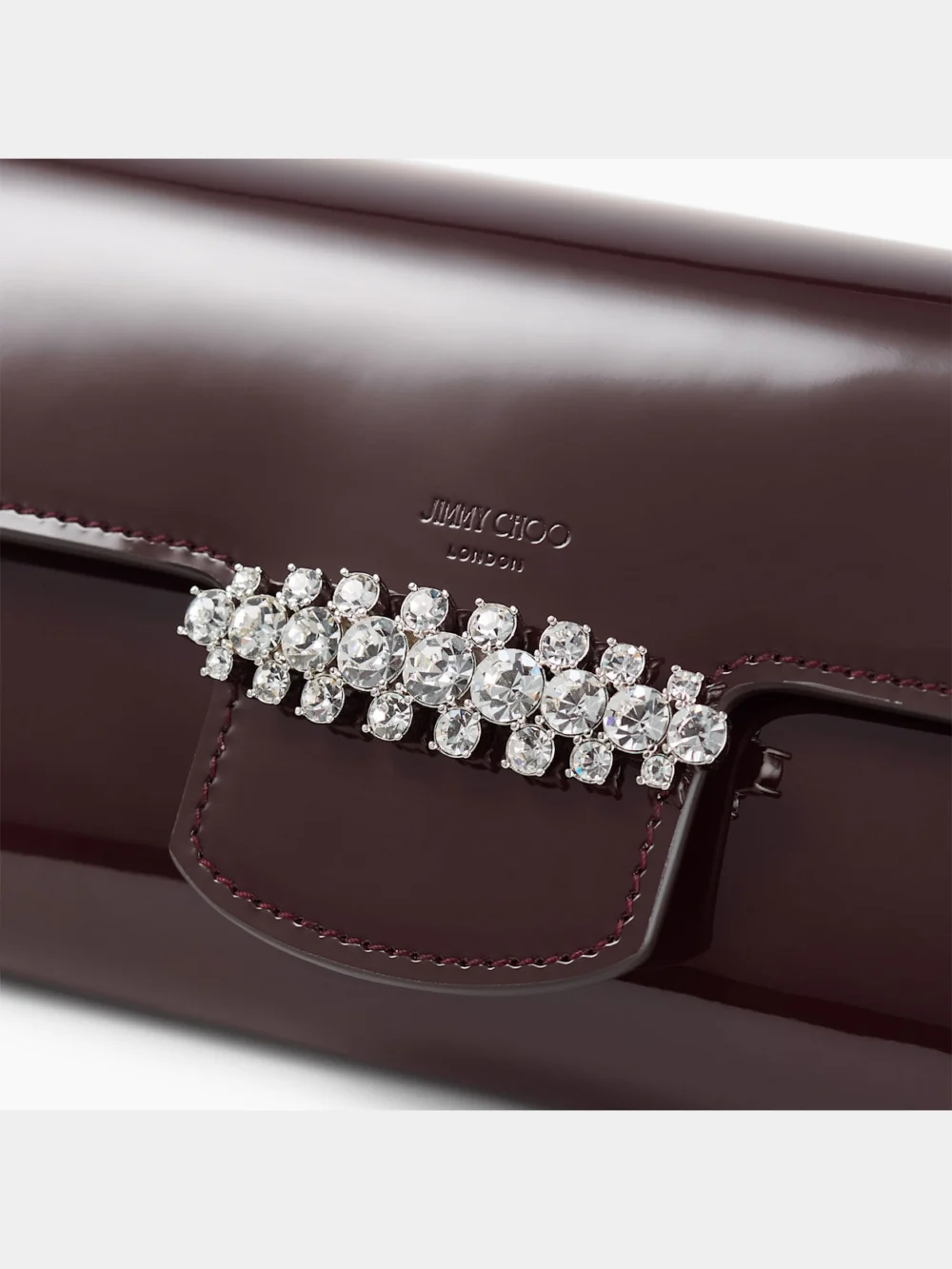 Back view of the Jimmy Choo Bing Wallet with Chain Deep Merlot Soft Patent Leather Mini Bag with Crystal Piece