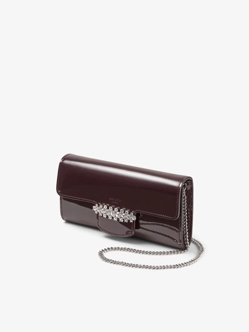 Close-up detail of the Jimmy Choo Bing Wallet with Chain Deep Merlot Soft Patent Leather Mini Bag with Crystal Piece