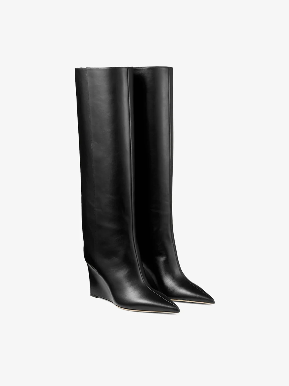 Close-up detail of the Jimmy Choo Blake Knee Boot 85 Black Smooth Leather Knee High Boots with Wedge Heel