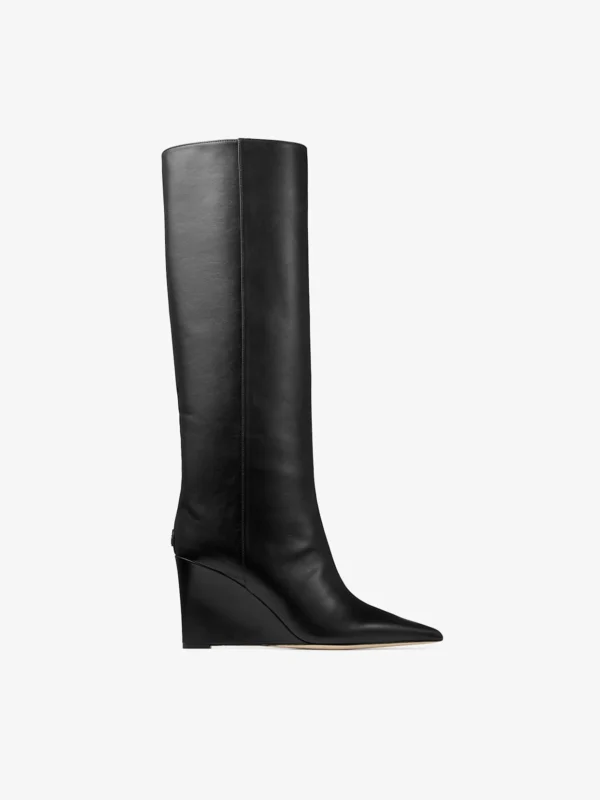 Jimmy Choo Blake Knee Boot 85 Black Smooth Leather Knee High Boots with Wedge Heel