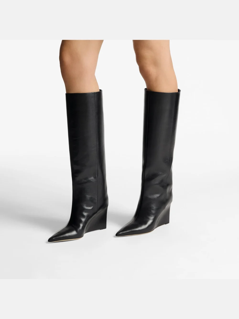 Side view of the Jimmy Choo Blake Knee Boot 85 Black Smooth Leather Knee High Boots with Wedge Heel