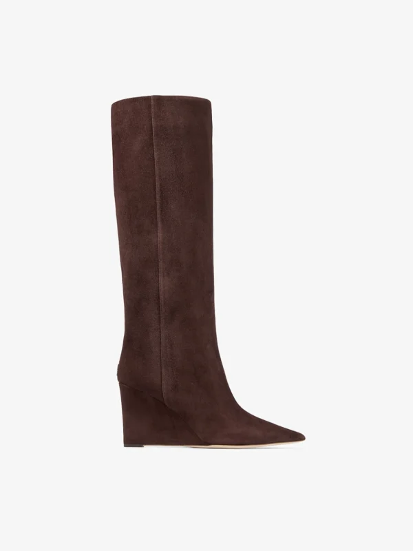 Jimmy Choo Blake Knee Boot 85 Chocolate Suede Knee High Boots with Wedge Heel