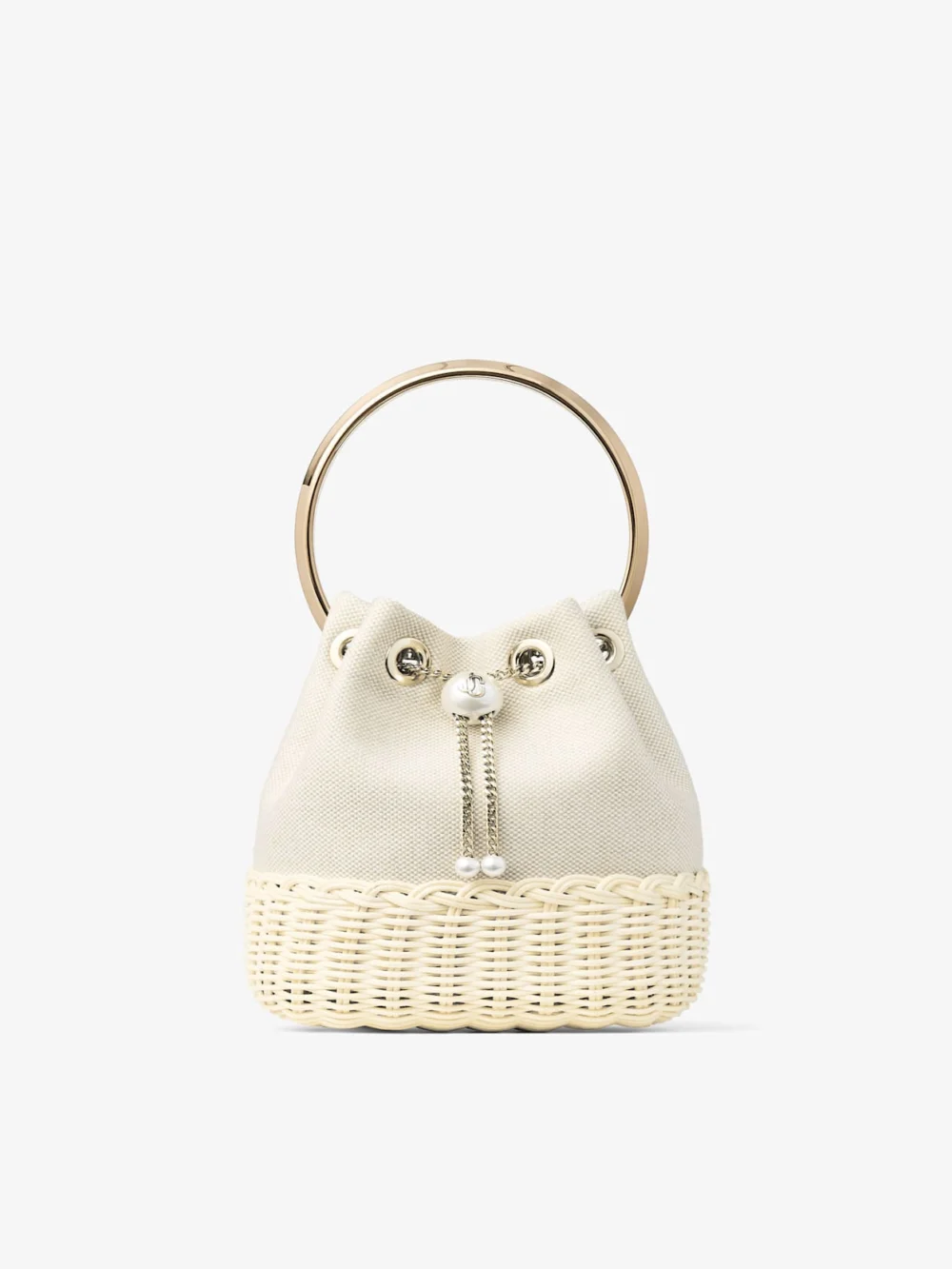 Jimmy Choo Bon Bon Almond Mix Flecked Canvas and Wicker Bucket Bag in almond mix
