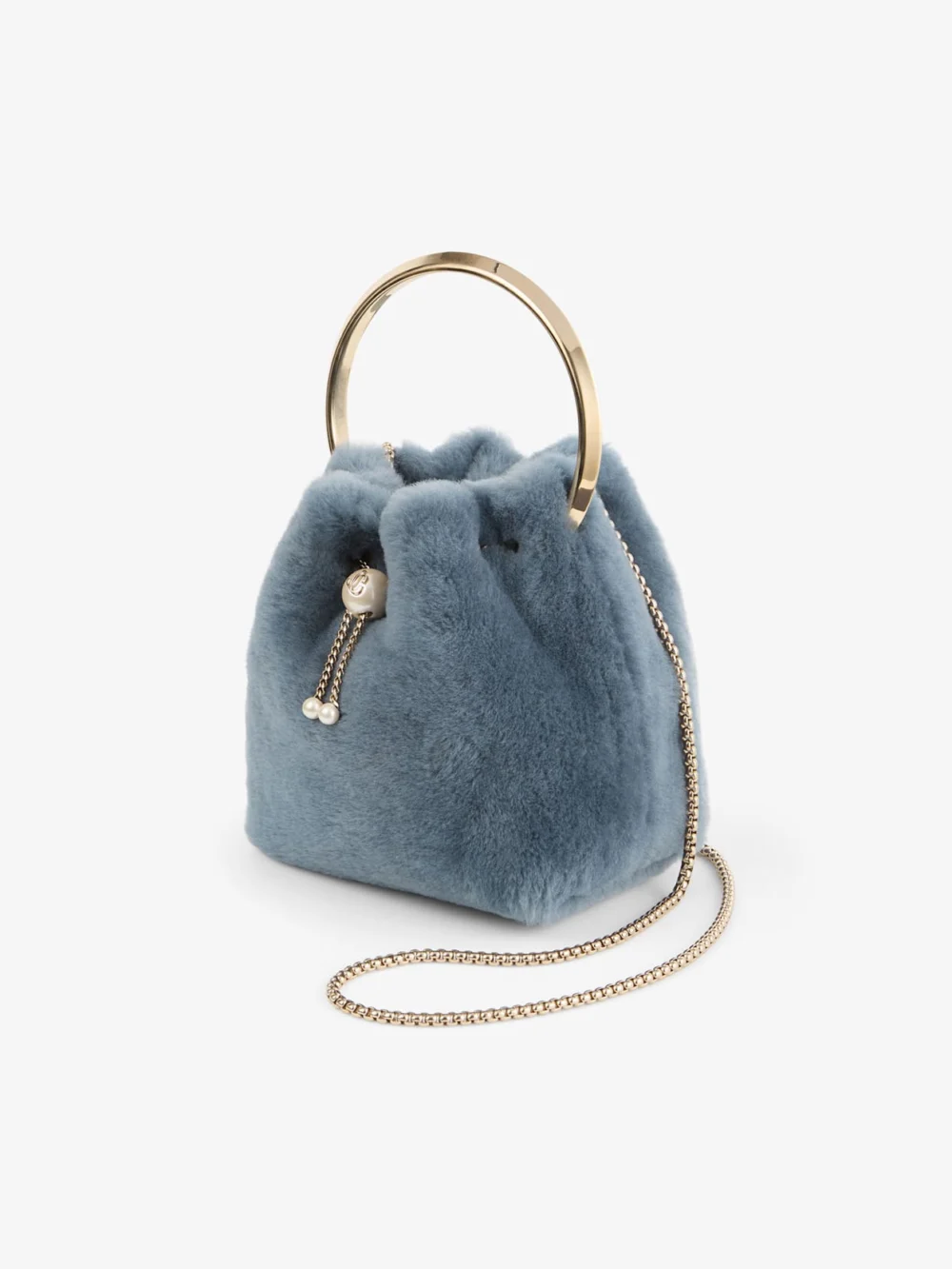 Close-up detail of the Jimmy Choo Bon Bon Arctic Blue Shearling Bucket Bag