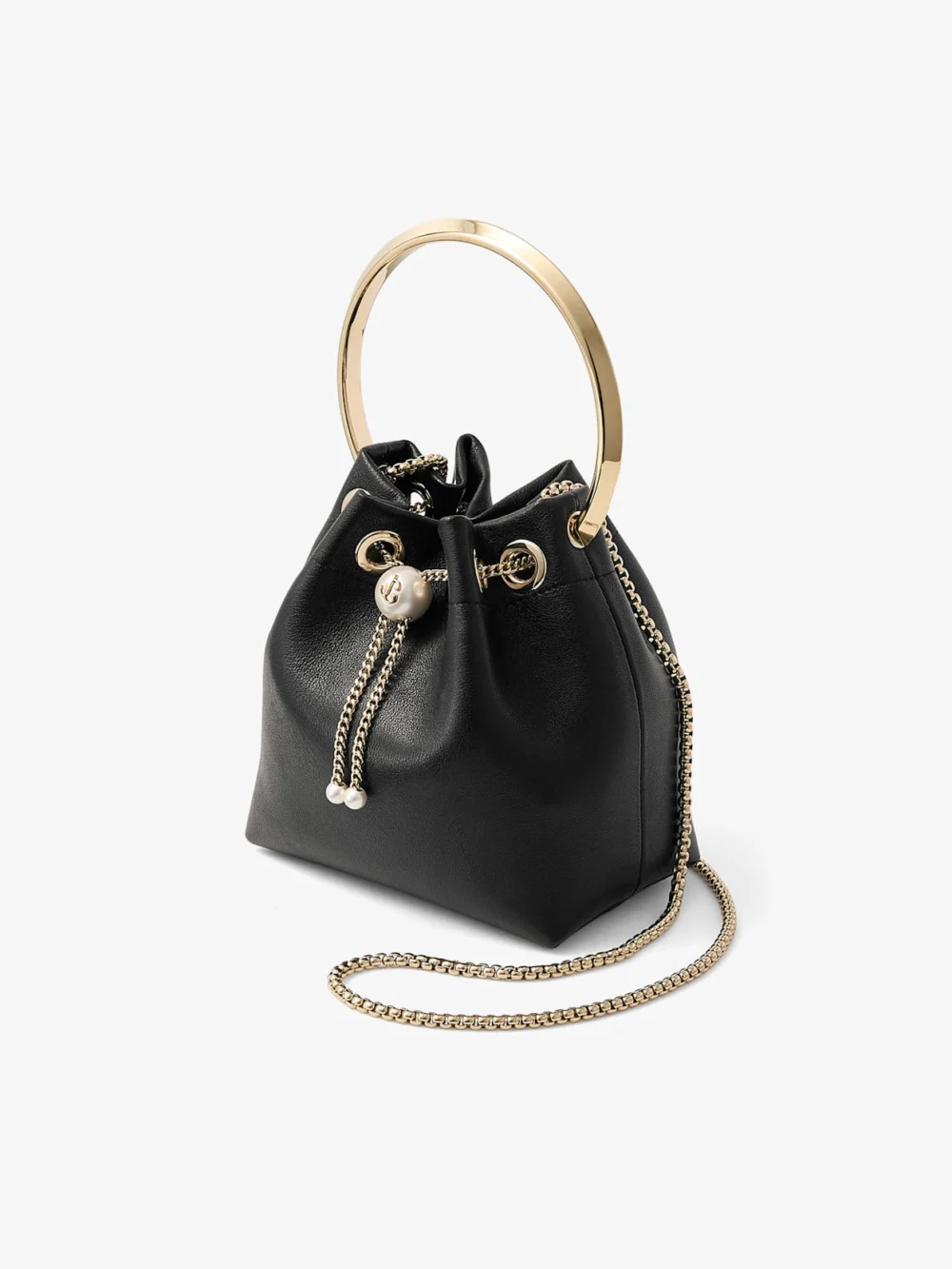 Close-up detail of the Jimmy Choo Bon Bon Biker Leather Black Bag with Pearl Closure