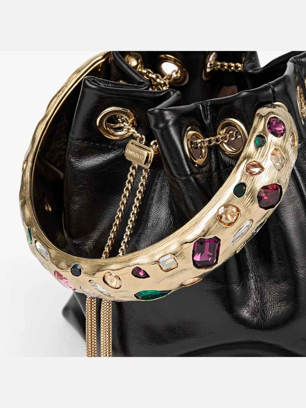 Back view of the Jimmy Choo Bon Bon Black and Multi Shiny Biker Leather Bucket Bag with Organic Crystal Handle