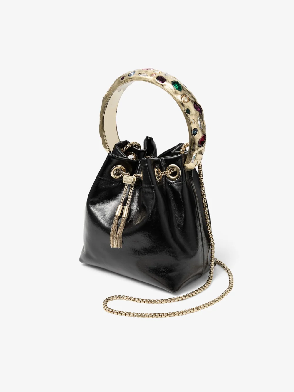 Close-up detail of the Jimmy Choo Bon Bon Black and Multi Shiny Biker Leather Bucket Bag with Organic Crystal Handle