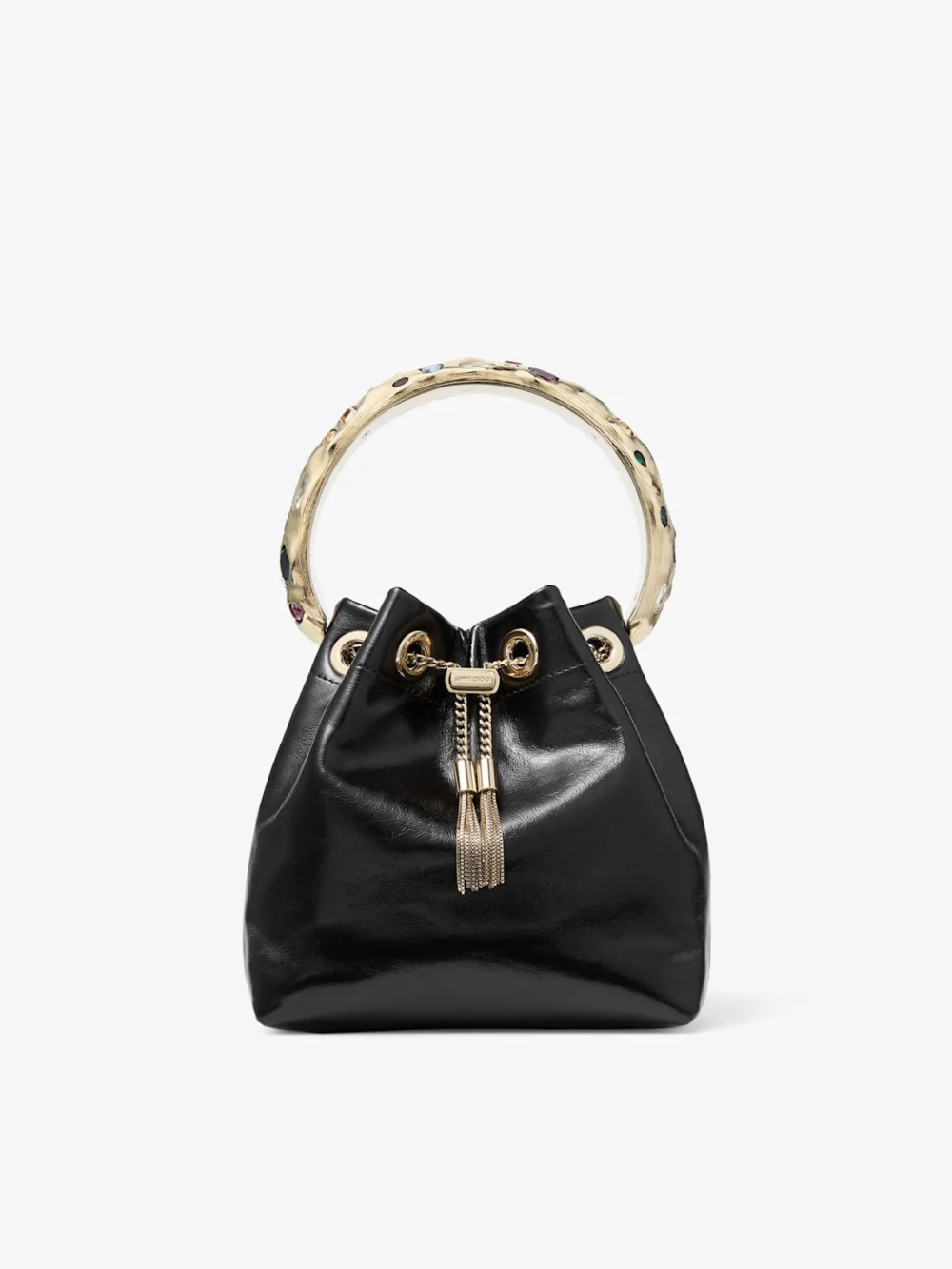 Jimmy Choo Bon Bon Black and Multi Shiny Biker Leather Bucket Bag with Organic Crystal Handle in black