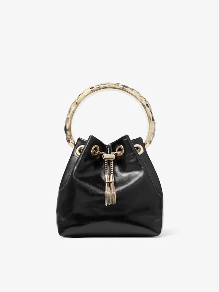 Jimmy Choo Bon Bon Black and Multi Shiny Biker Leather Bucket Bag with Organic Crystal Handle