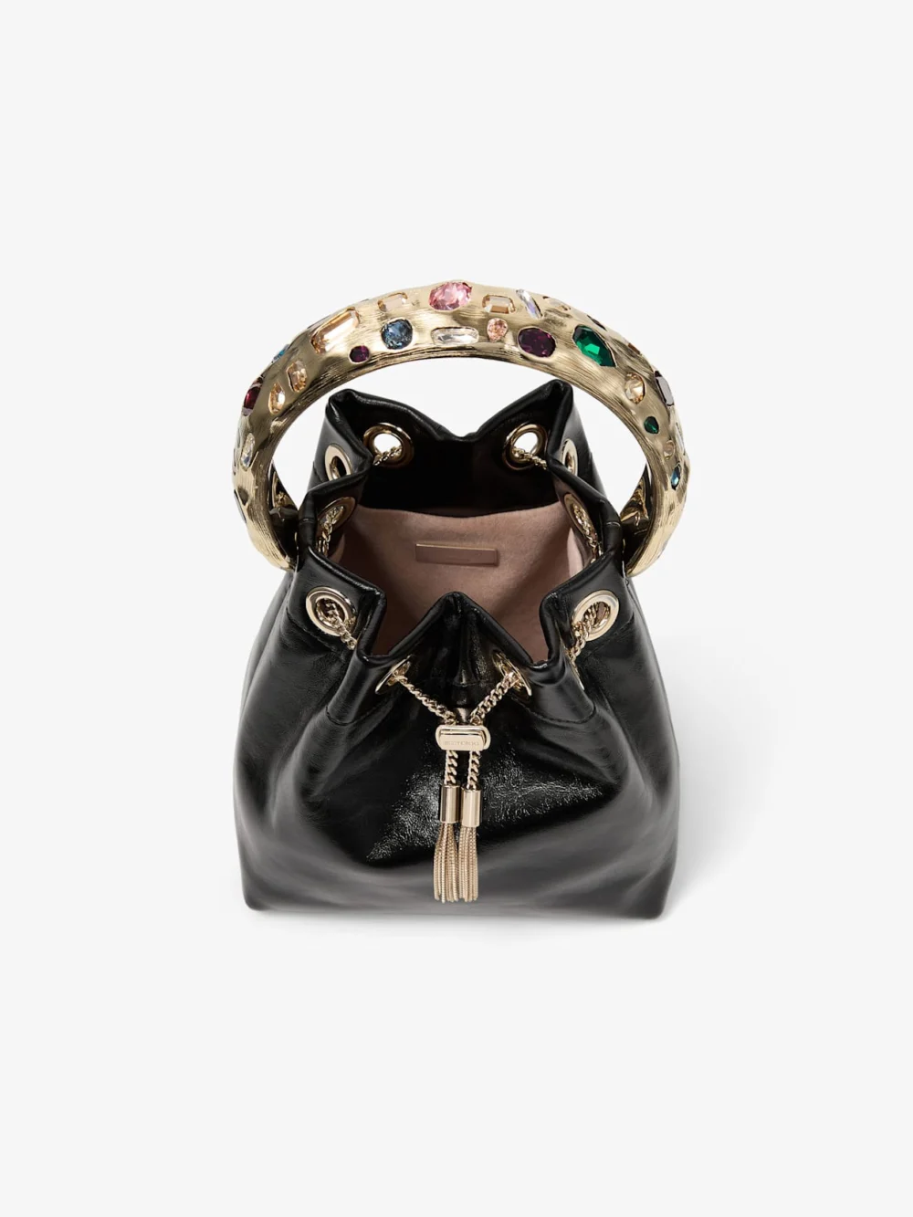 Jimmy Choo Bon Bon Black and Multi Shiny Biker Leather Bucket Bag with Organic Crystal Handle, another view