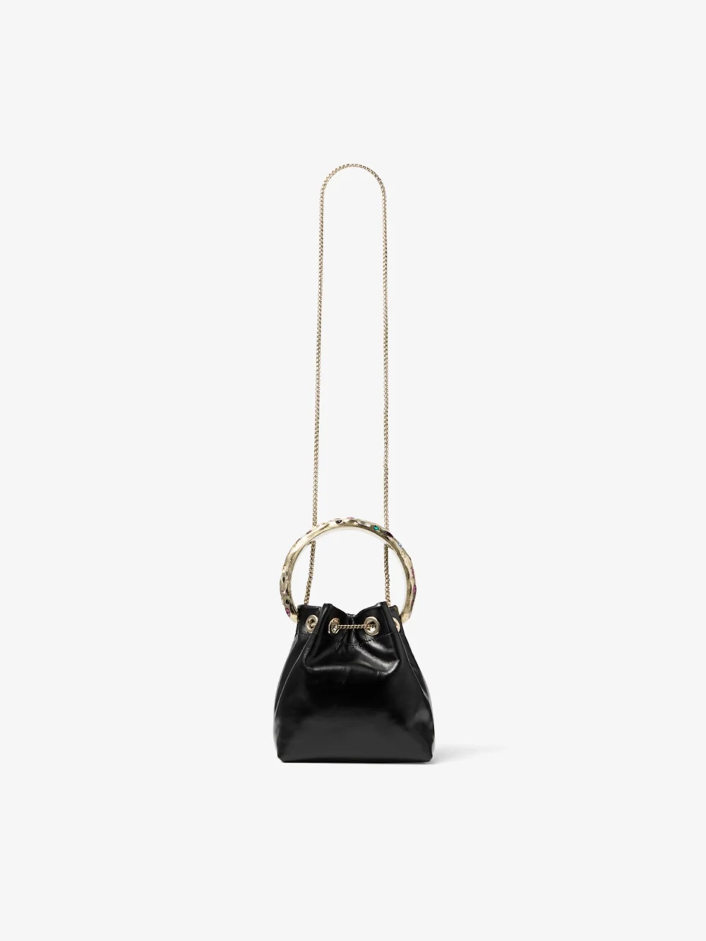 Jimmy Choo Bon Bon Black and Multi Shiny Biker Leather Bucket Bag with Organic Crystal Handle, another view