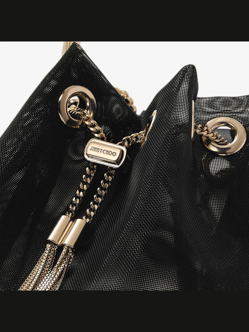 Back view of the Jimmy Choo Bon Bon Black Mesh Bucket Bag