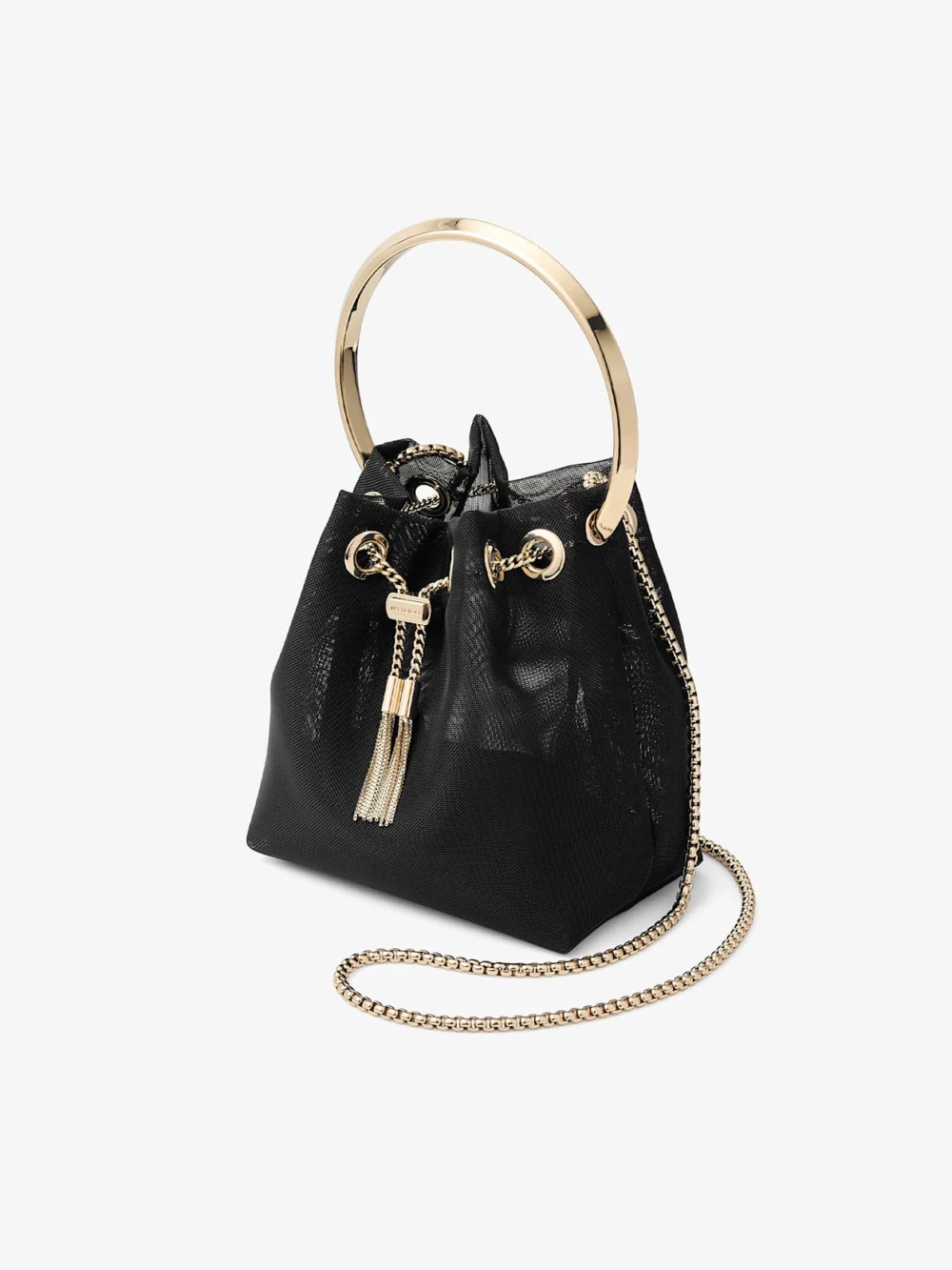 Close-up detail of the Jimmy Choo Bon Bon Black Mesh Bucket Bag