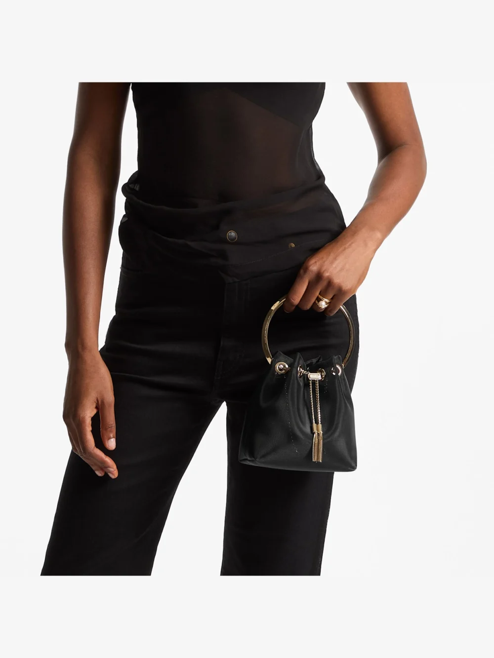 Side view of the Jimmy Choo Bon Bon Black Mesh Bucket Bag
