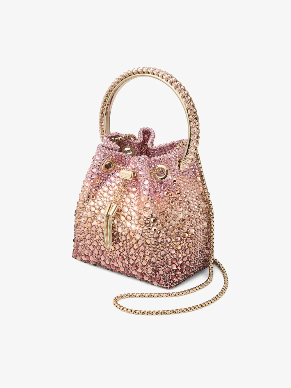 Close-up detail of the Jimmy Choo Bon Bon Blush Satin Bag with Crystals