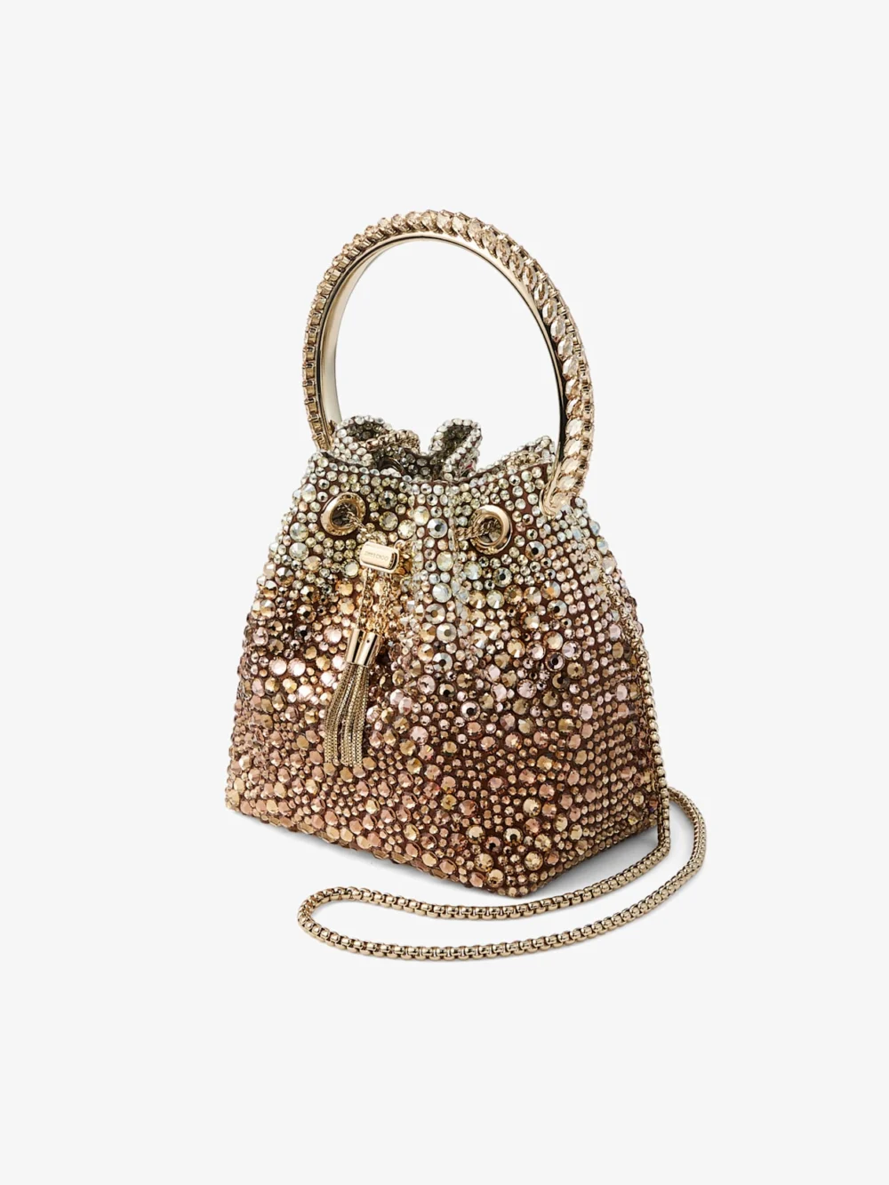 Close-up detail of the Jimmy Choo Bon Bon Bronze Satin Handbag with Degrade Crystals