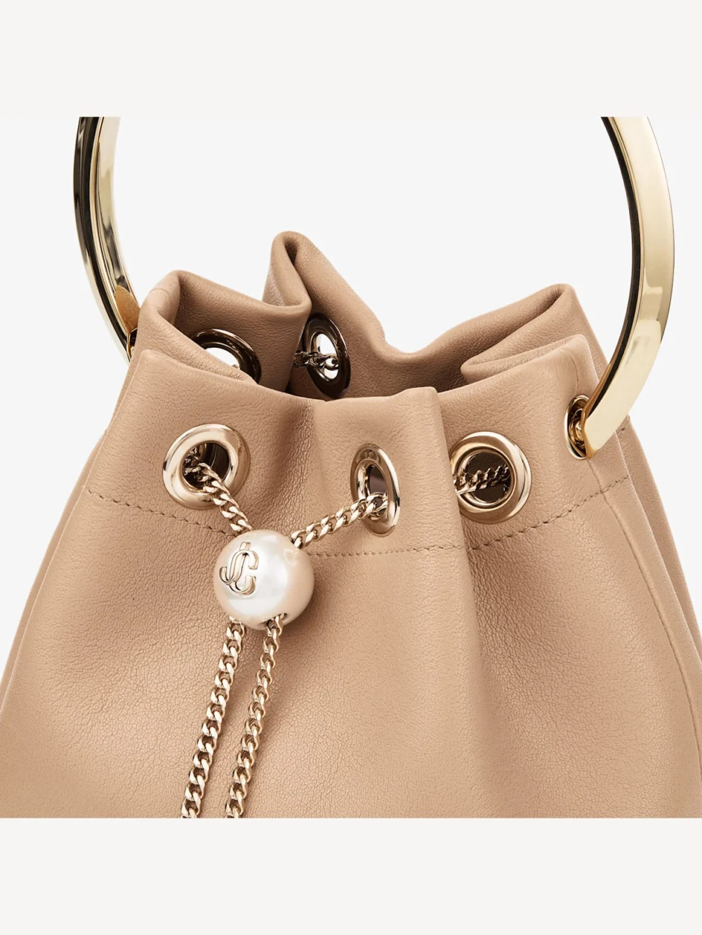 Back view of the Jimmy Choo Bon Bon Chai Biker Leather Bucket Bag with Pearl Closure