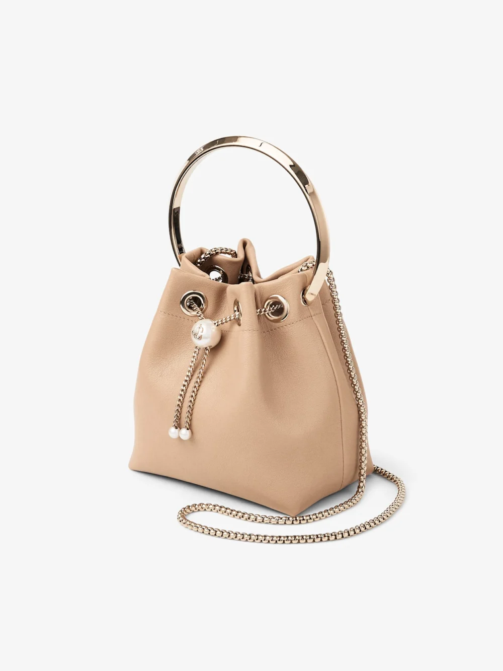 Close-up detail of the Jimmy Choo Bon Bon Chai Biker Leather Bucket Bag with Pearl Closure