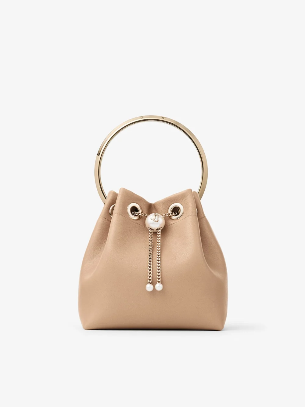 Jimmy Choo Bon Bon Chai Biker Leather Bucket Bag with Pearl Closure in chai