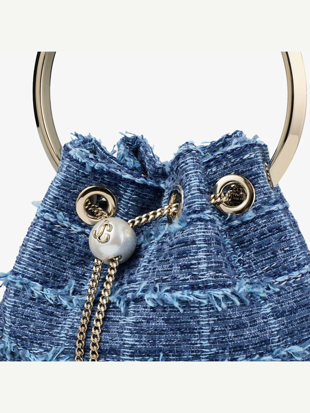 Back view of the Jimmy Choo Bon Bon Crosshatch Denim Fabric Bucket Bag