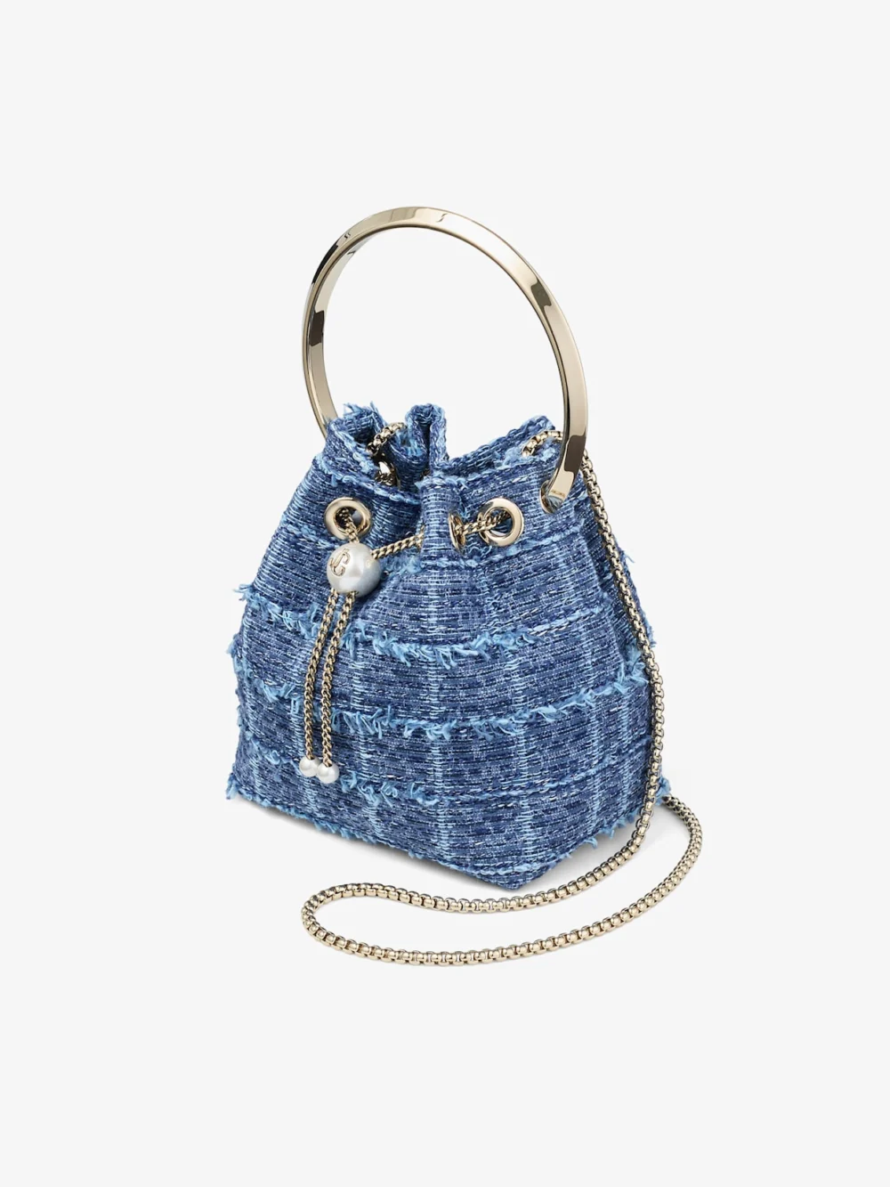 Close-up detail of the Jimmy Choo Bon Bon Crosshatch Denim Fabric Bucket Bag