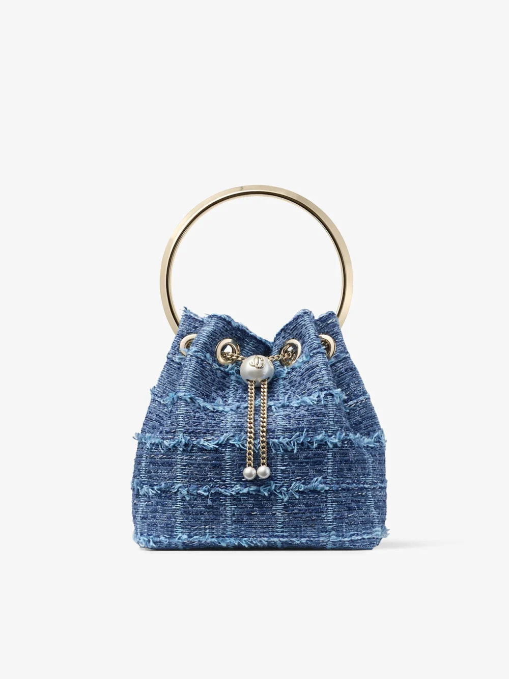 Jimmy Choo Bon Bon Crosshatch Denim Fabric Bucket Bag in denim grid