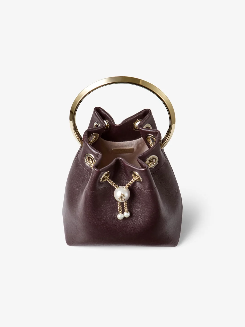 Back view of the Jimmy Choo Bon Bon Deep Merlot Biker Leather Bag with Pearl Closure