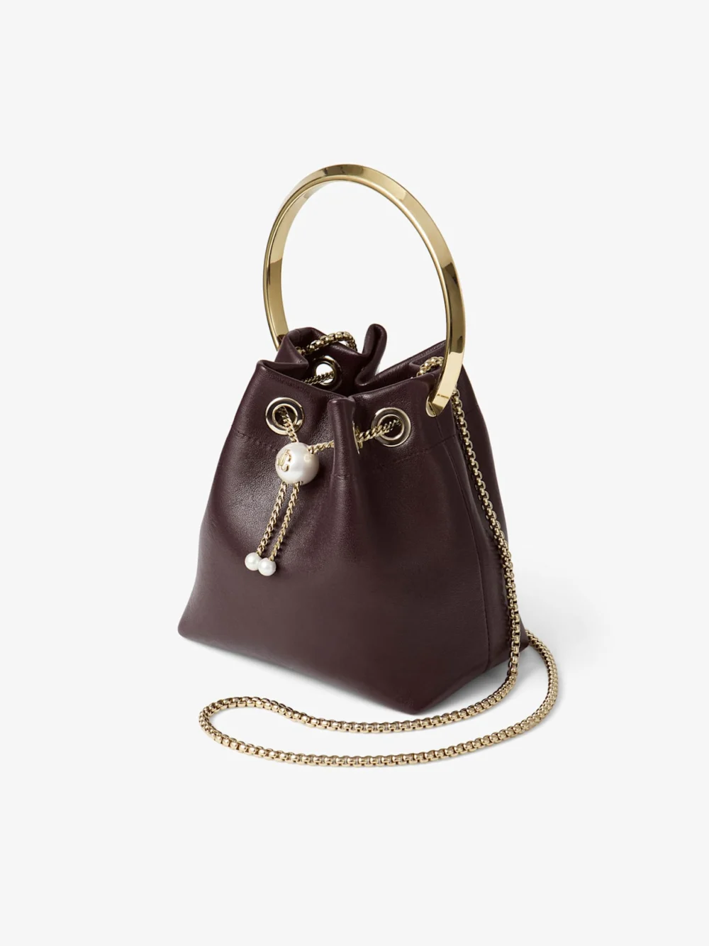 Side view of the Jimmy Choo Bon Bon Deep Merlot Biker Leather Bag with Pearl Closure