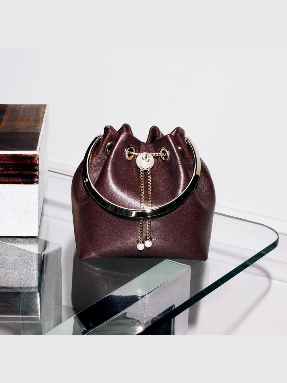 Jimmy Choo Bon Bon Deep Merlot Biker Leather Bag with Pearl Closure, another view