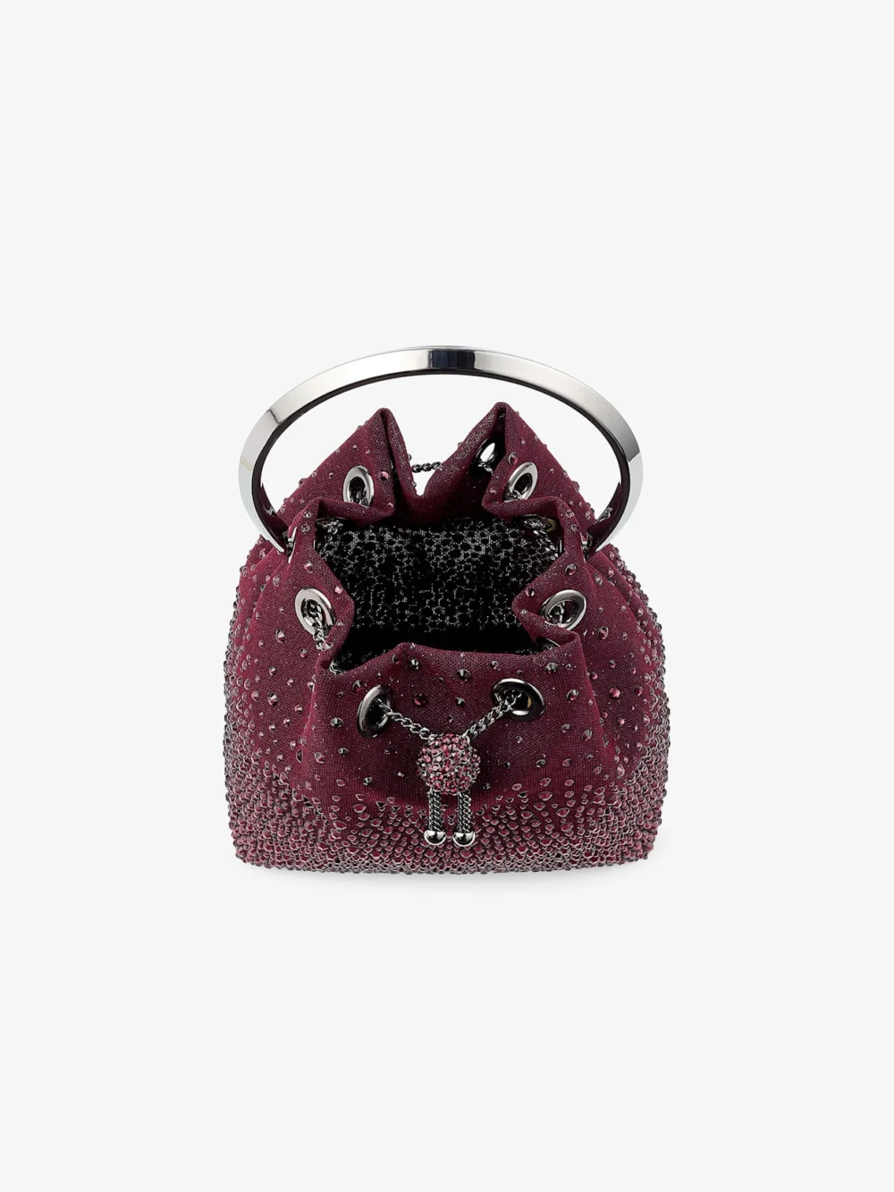 Back view of the Jimmy Choo Bon Bon Deep Merlot Mesh Bucket Bag with Dégradé Galaxy Crystal Embellishment