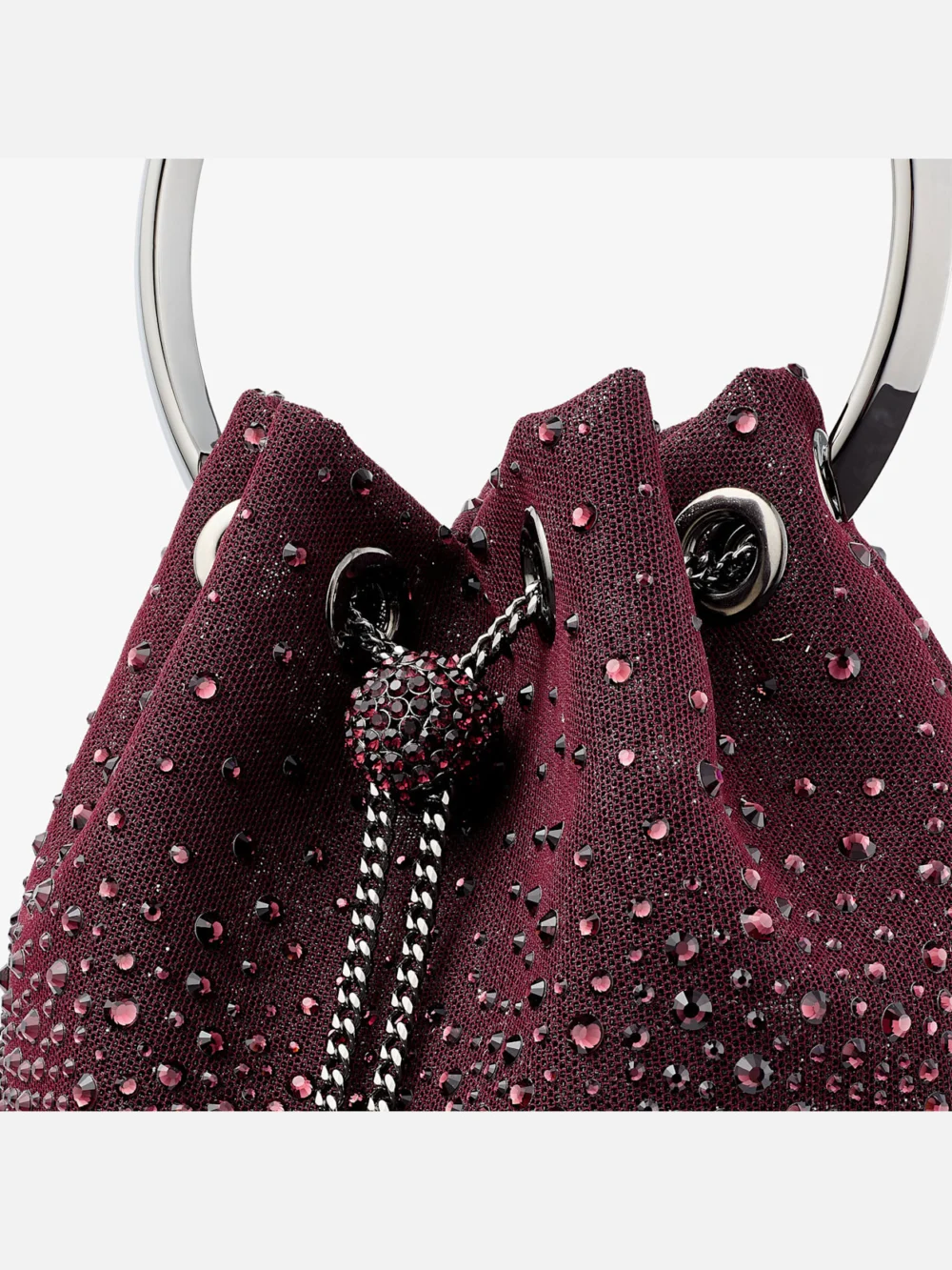Close-up detail of the Jimmy Choo Bon Bon Deep Merlot Mesh Bucket Bag with Dégradé Galaxy Crystal Embellishment