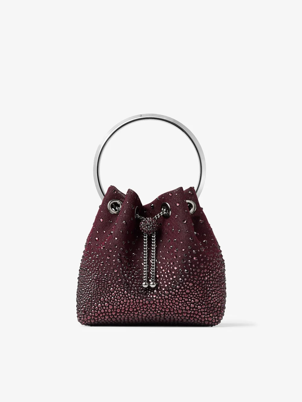 Jimmy Choo Bon Bon Deep Merlot Mesh Bucket Bag with Dégradé Galaxy Crystal Embellishment in deep merlot