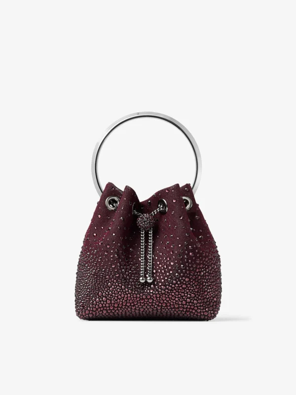 Jimmy Choo Bon Bon Deep Merlot Mesh Bucket Bag with Dégradé Galaxy Crystal Embellishment