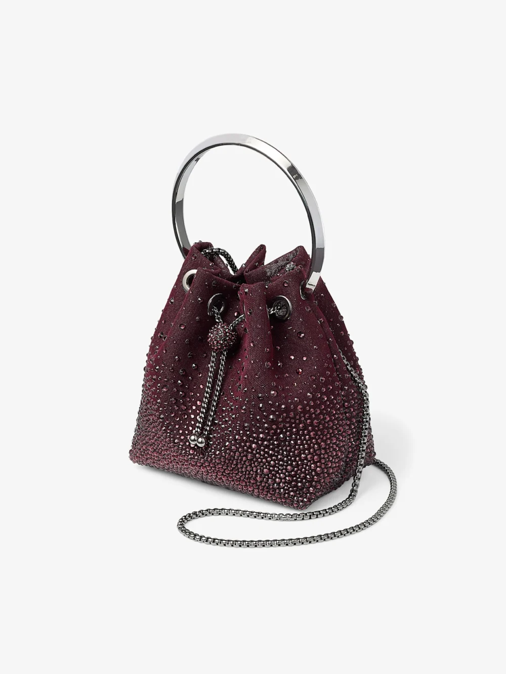 Side view of the Jimmy Choo Bon Bon Deep Merlot Mesh Bucket Bag with Dégradé Galaxy Crystal Embellishment