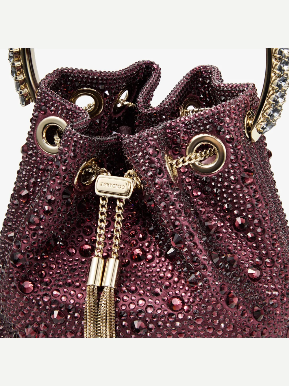 Back view of the Jimmy Choo Bon Bon Deep Merlot Satin and Crystal Hotfix Bucket Bag with Crystal Handle