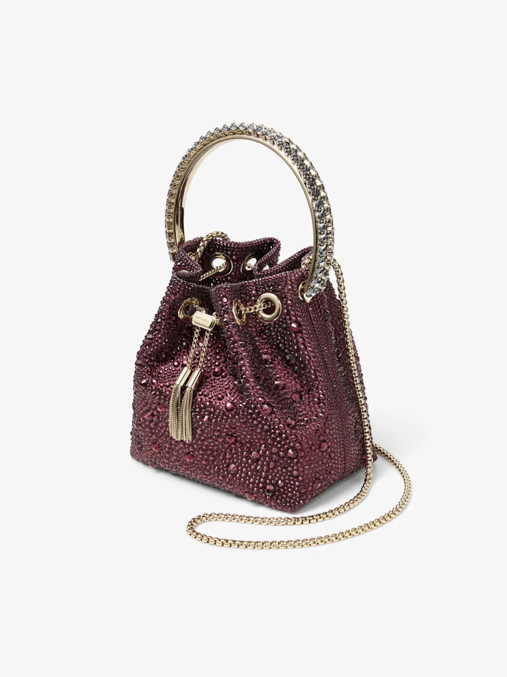 Close-up detail of the Jimmy Choo Bon Bon Deep Merlot Satin and Crystal Hotfix Bucket Bag with Crystal Handle