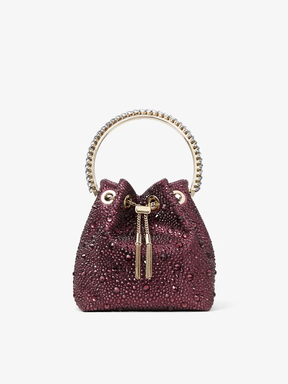 Jimmy Choo Bon Bon Deep Merlot Satin and Crystal Hotfix Bucket Bag with Crystal Handle in deep merlot