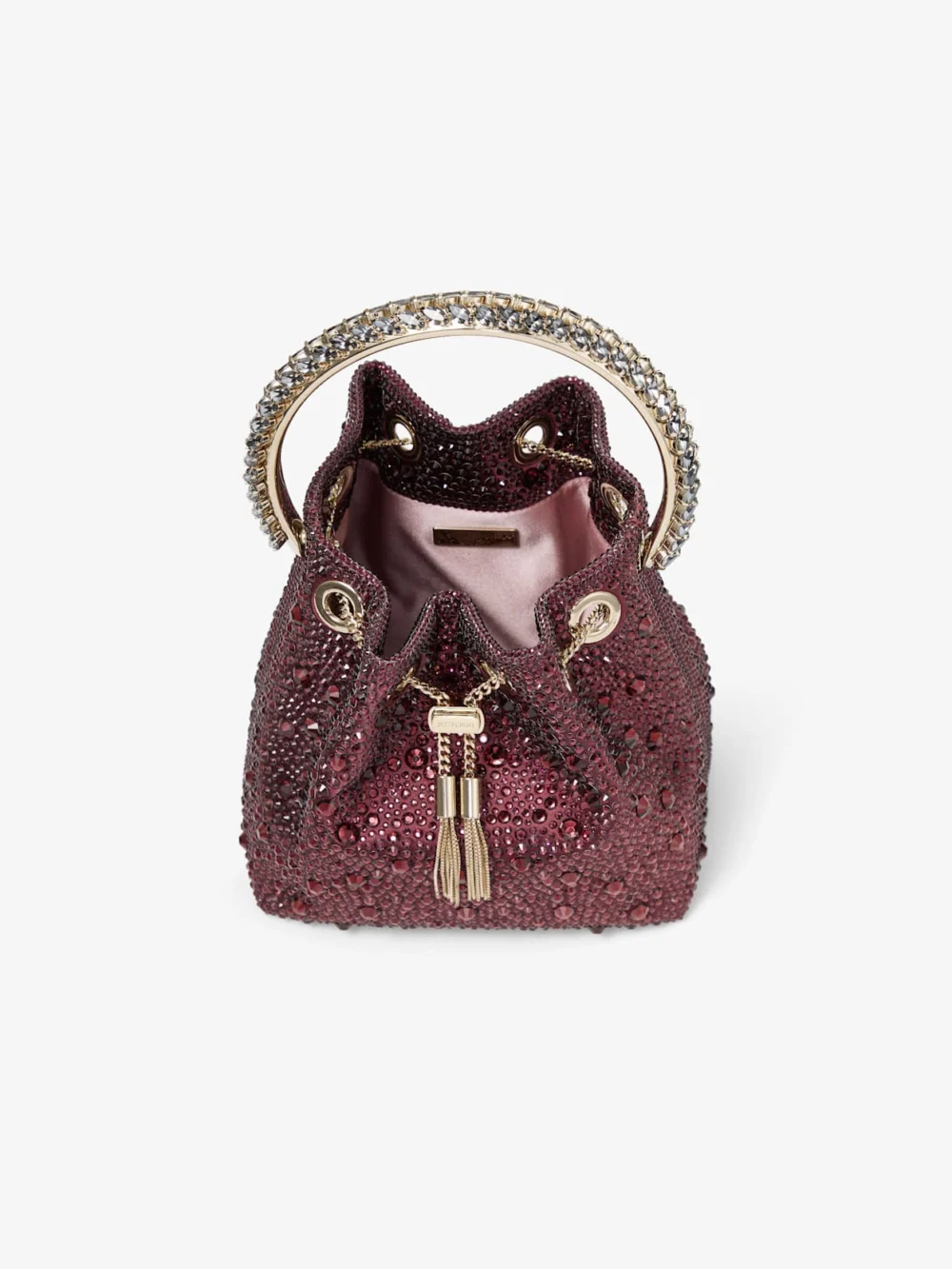 Jimmy Choo Bon Bon Deep Merlot Satin and Crystal Hotfix Bucket Bag with Crystal Handle, another view