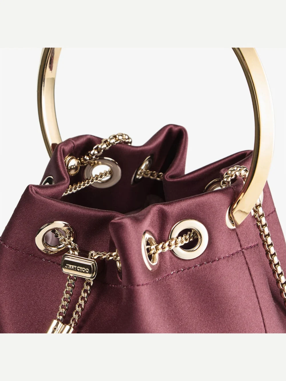 Back view of the Jimmy Choo Bon Bon Deep Merlot Satin Handbag with Metal Handle