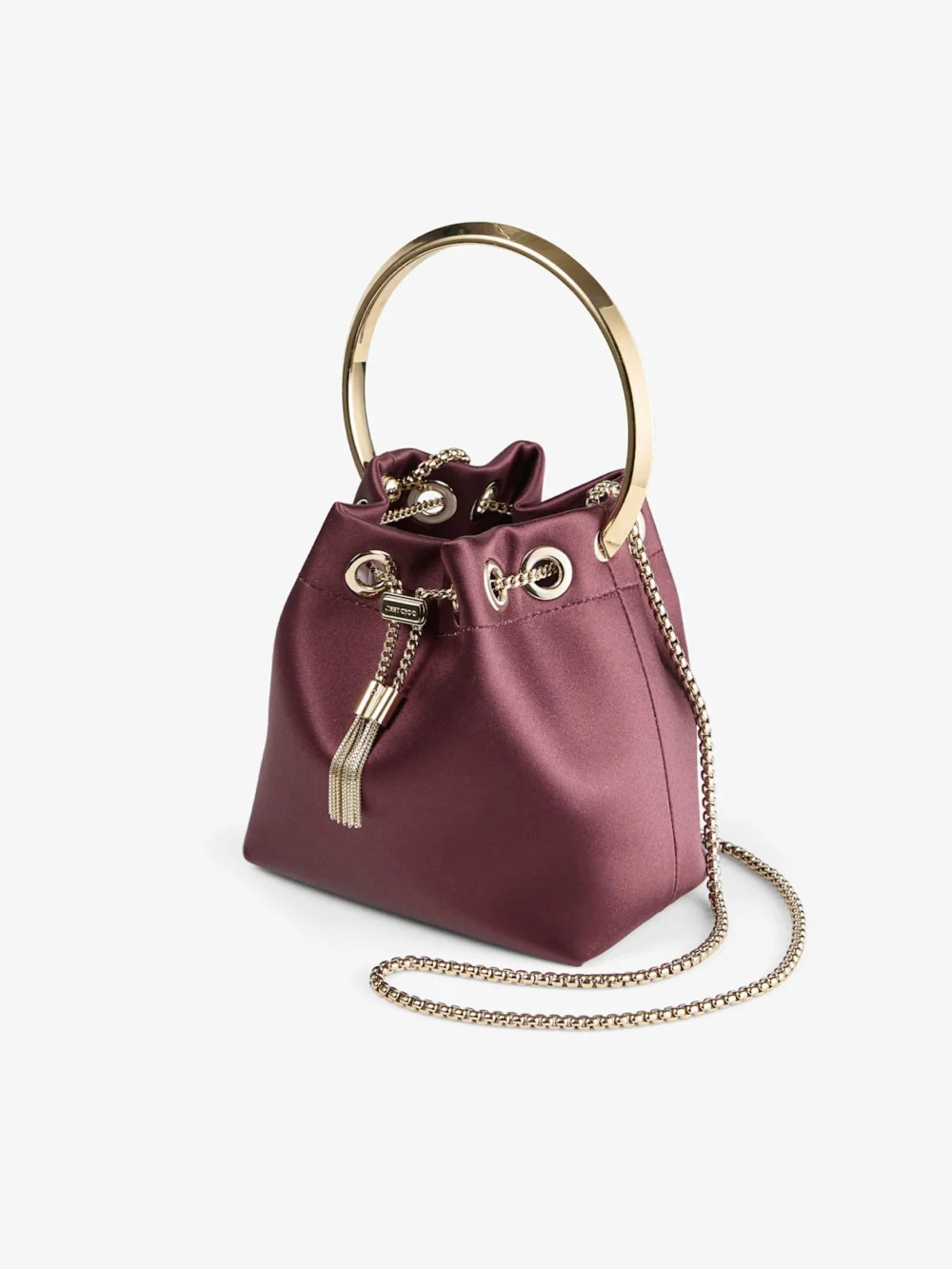 Close-up detail of the Jimmy Choo Bon Bon Deep Merlot Satin Handbag with Metal Handle