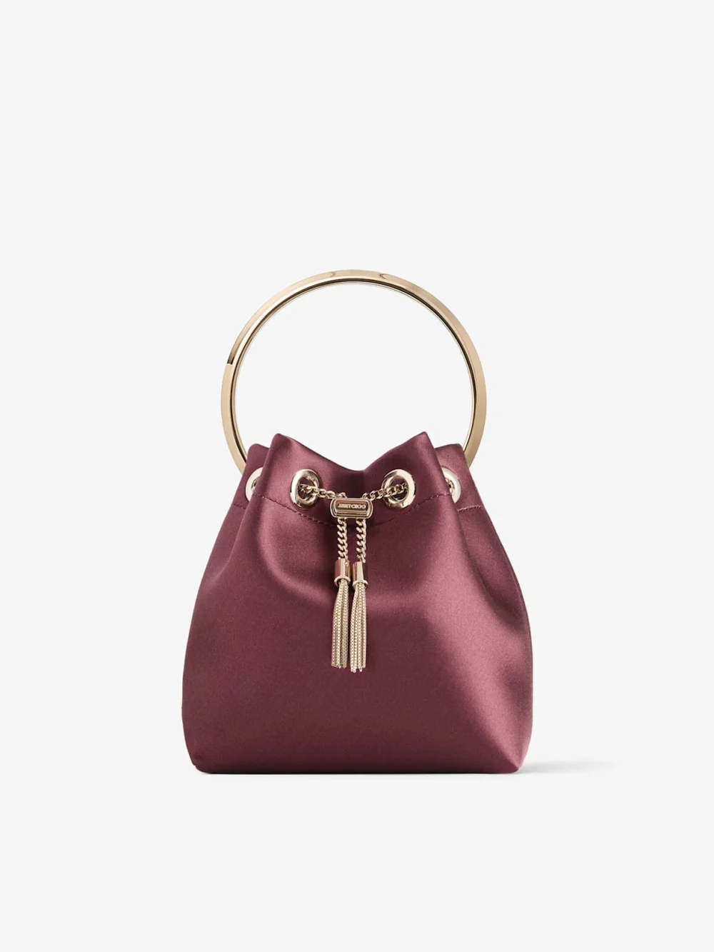 Jimmy Choo Bon Bon Deep Merlot Satin Handbag with Metal Handle in deep merlot