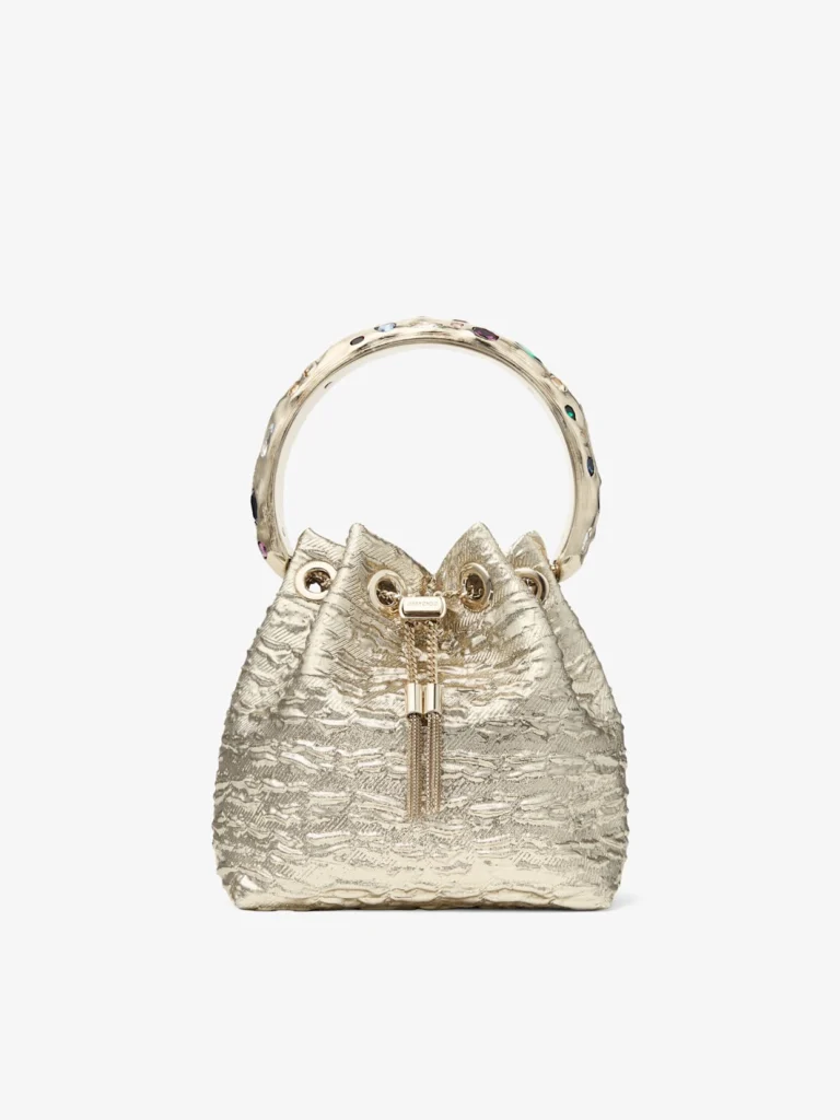 Jimmy Choo Bon Bon Gold and Multi Textured Lurex Fabric Bucket Bag with Organic Crystal Handle