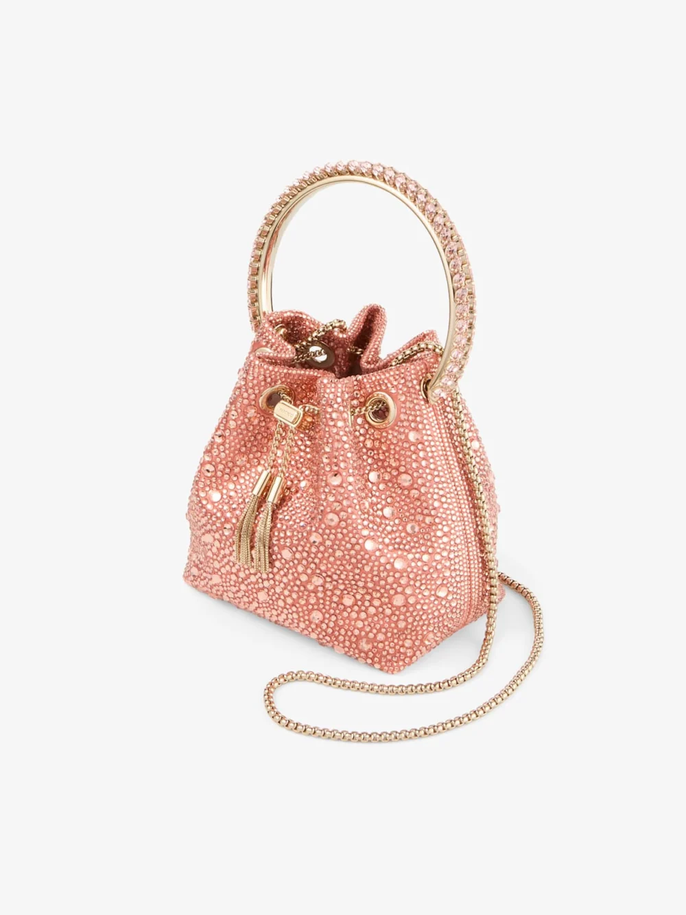Close-up detail of the Jimmy Choo Bon Bon Grapefruit Satin Bucket Bag with Crystal Embellishment and Crystal Handle