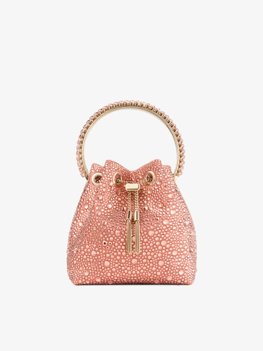 Jimmy Choo Bon Bon Grapefruit Satin Bucket Bag with Crystal Embellishment and Crystal Handle in grapefruit