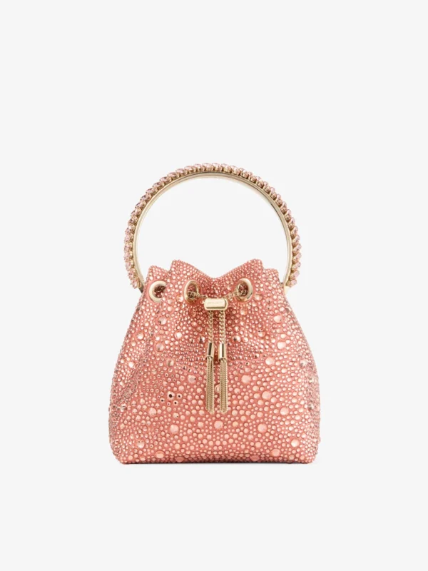 Jimmy Choo Bon Bon Grapefruit Satin Bucket Bag with Crystal Embellishment and Crystal Handle
